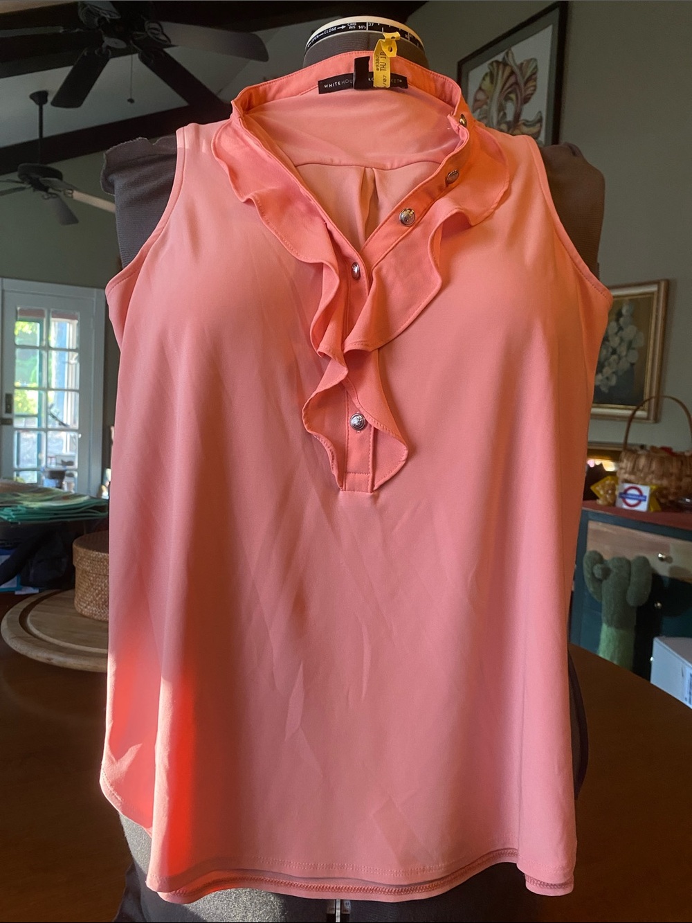 White House Black Market coral blouse ruffle-front detail - SZ XSP